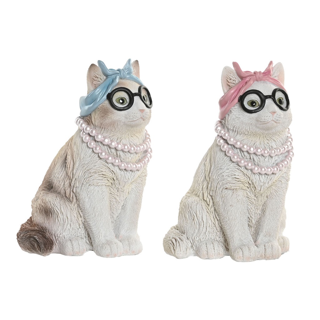 Decorative Figure Home ESPRIT Blue White Pink Cat 13,5 X 13 X 19,5 CM (2 Units)