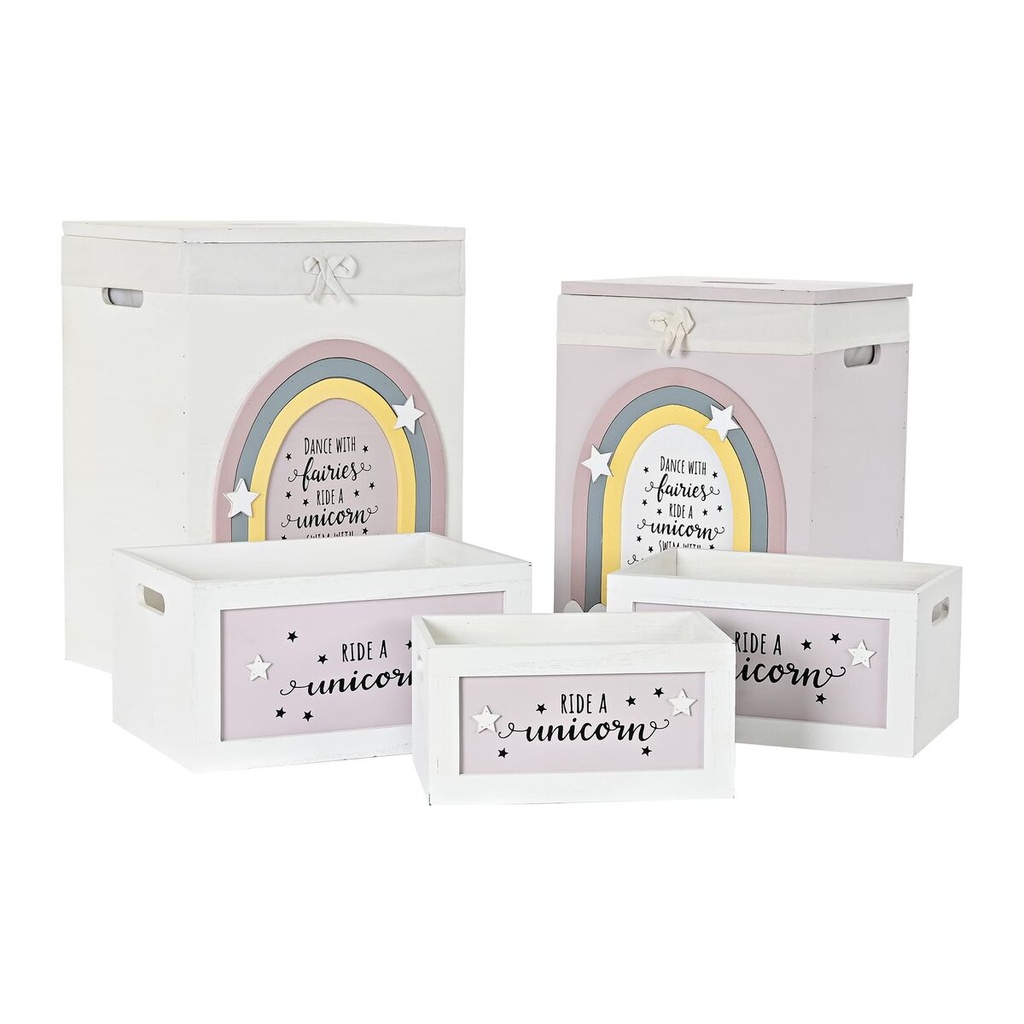 Juego de Cestos DKD Home Decor Amarillo Blanco Gris Rosa Madera de Paulonia Infantil 40 x 30 x 55 cm 5 Piezas (5 Unidades)