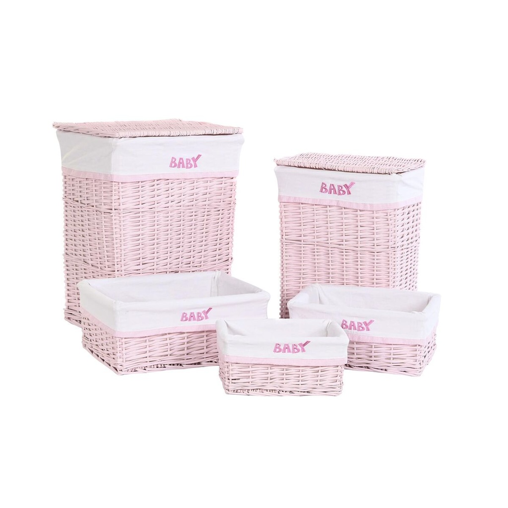 Laundry Basket DKD Home Decor Pink wicker Children's 44 x 34 x 56 cm 5 Pieces