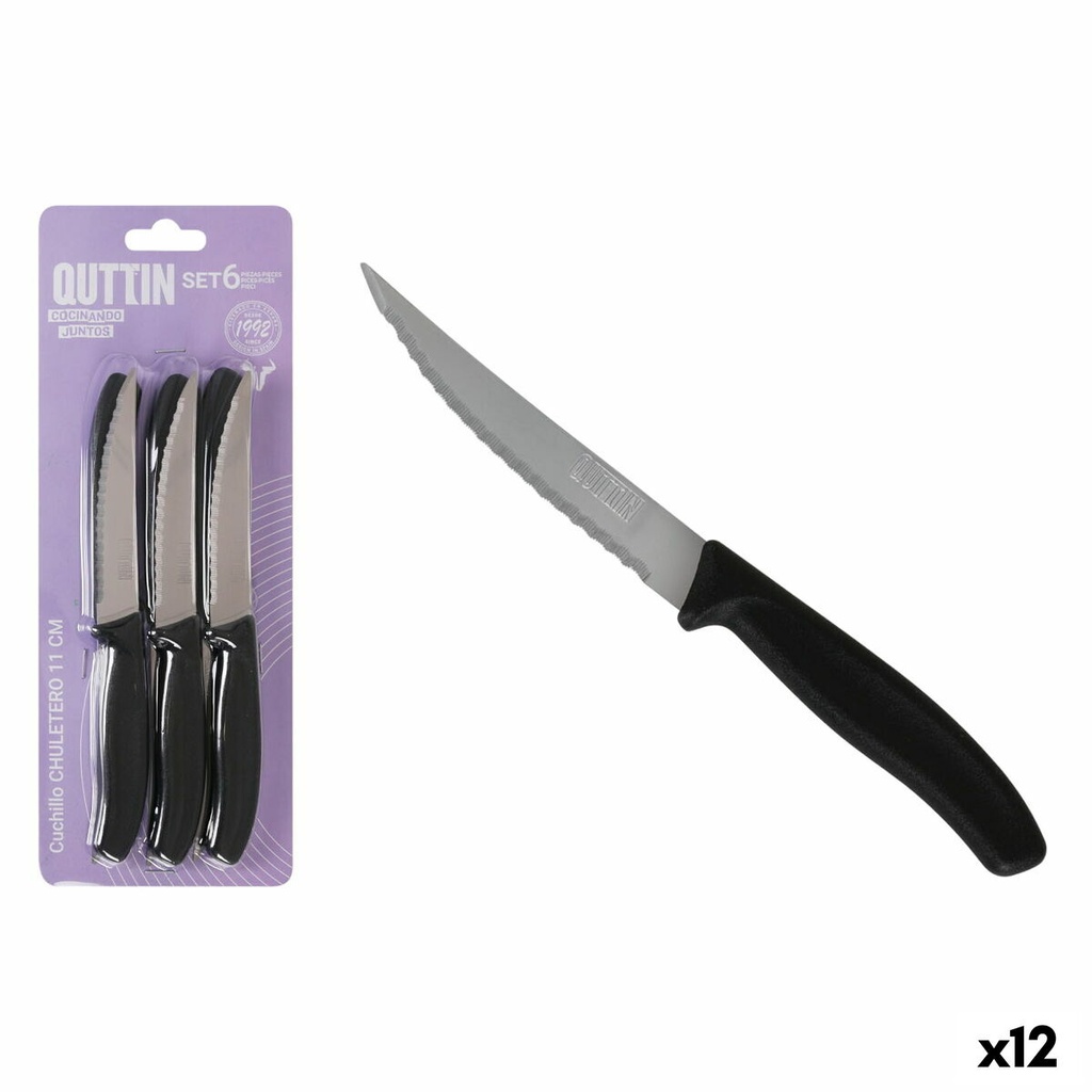 Set de Cuchillos para Carne Quttin Negro Plateado 11 cm 6 Piezas (12 Unidades)