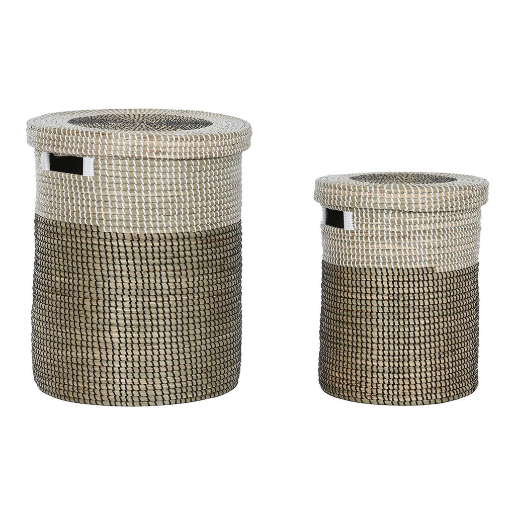 Juego de Cestas Home ESPRIT Blanco Negro Natural Hierba marina 44 x 44 x 51 cm (2 Piezas)