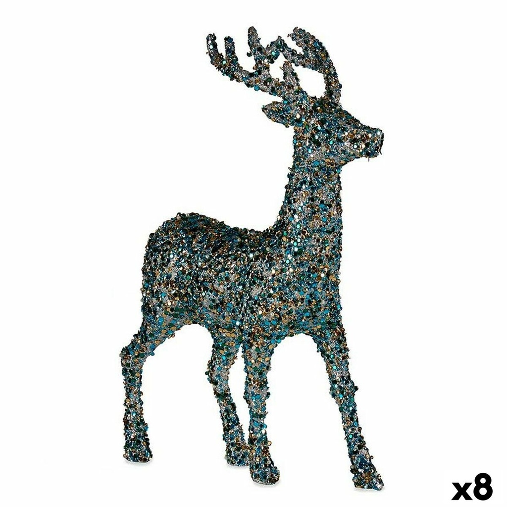 Figura Decorativa Reno de Navidad Purpurina Azul Dorado Plástico 15 x 45 x 30 cm (8 Unidades)