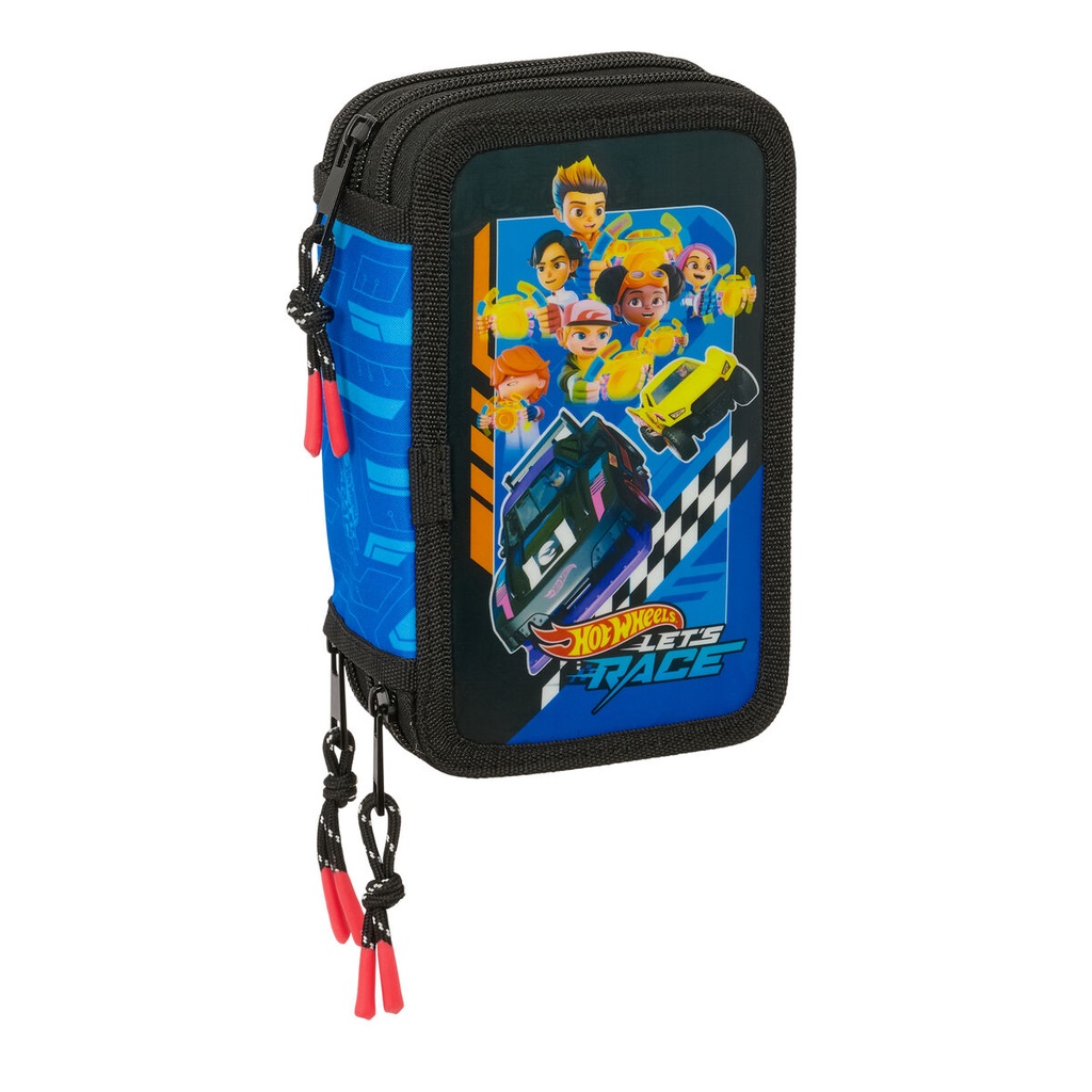 Triple Pencil Case Hot Wheels Let's race Blue Black 12,5 x 19,5 x 5,5 cm 37 Pieces