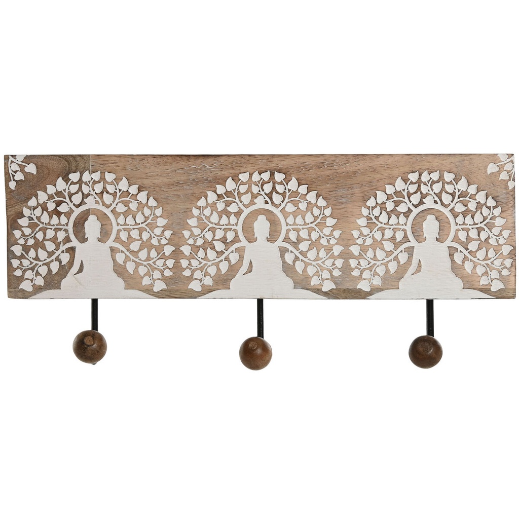 Wall mounted coat hanger Home ESPRIT White Black Natural Metal Mango wood Buddha 38 x 5 x 16 cm