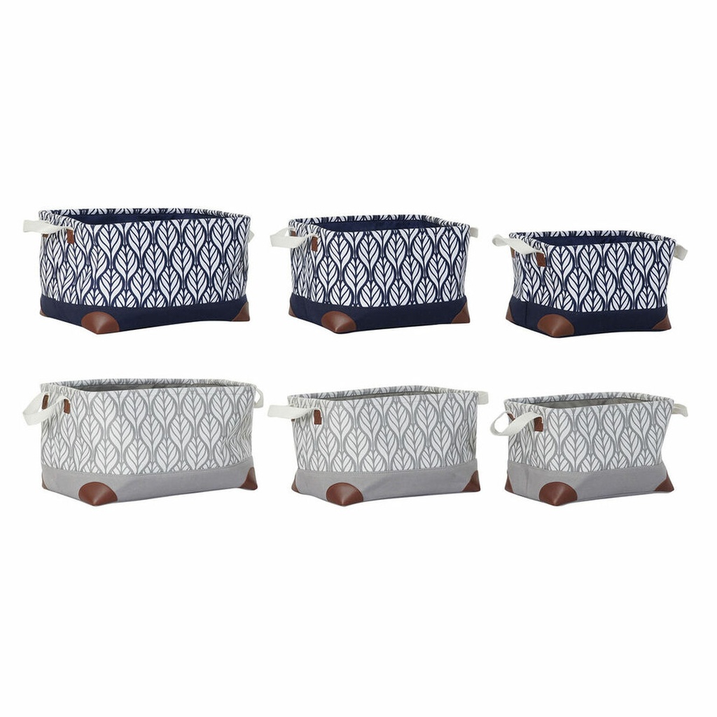 Cesta Multiusos DKD Home Decor Blanco Marrón Gris Azul marino Hoja de planta Boho 40 x 30 x 24 cm Plástico 3 Piezas (2 Unidades)