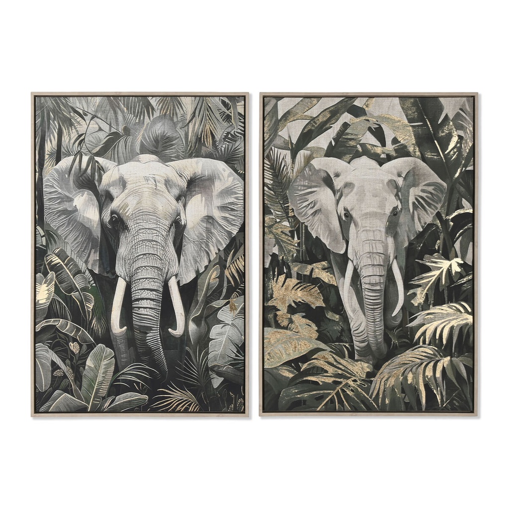 Cuadro Home ESPRIT Verde Gris Elefante Colonial Dorado 63 x 4,5 x 93 cm (2 Unidades)