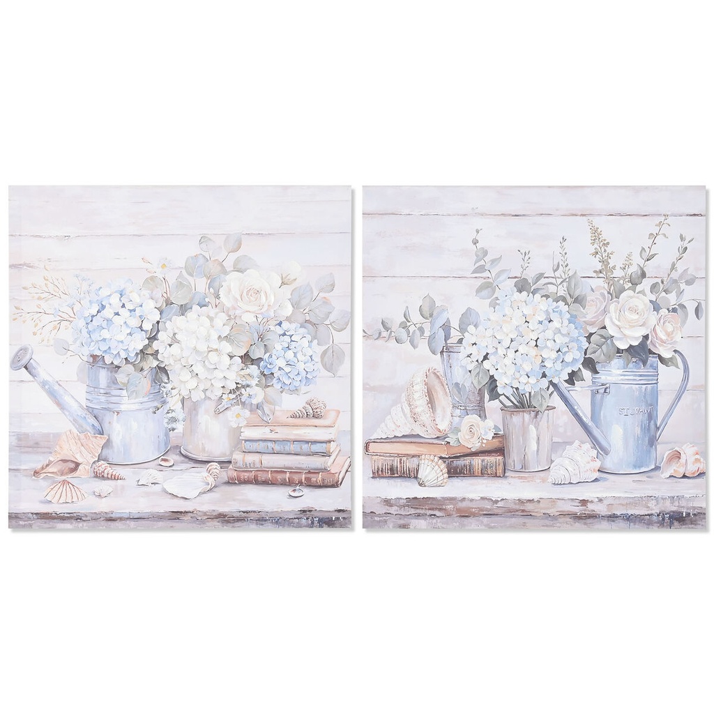Cuadro Home ESPRIT Azul Gris Shabby Chic Hortensia 60 x 3 x 60 cm (2 Unidades)