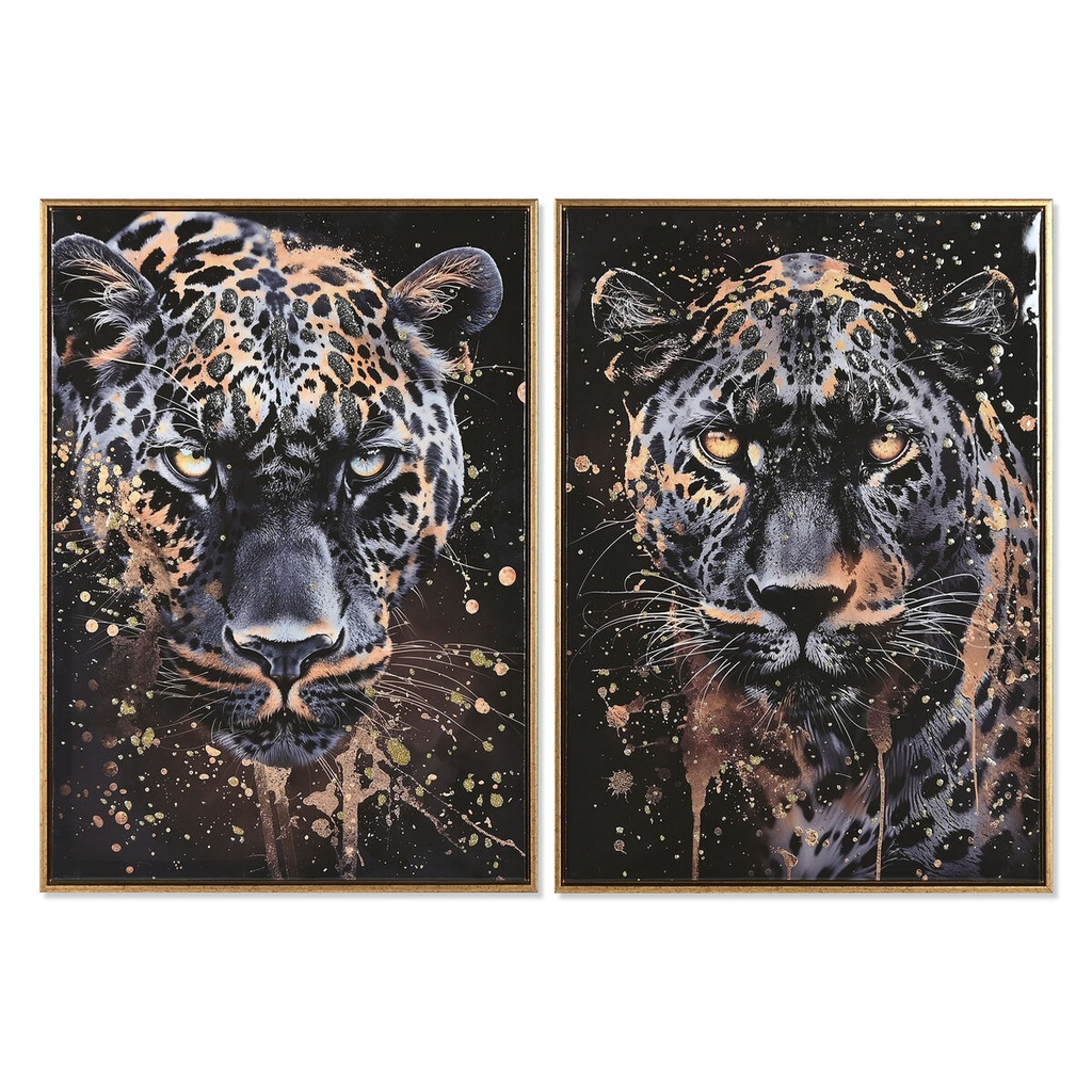 Cuadro Home ESPRIT Negro Dorado Leopardo Colonial Lacado 50 x 3,5 x 70 cm (2 Unidades)