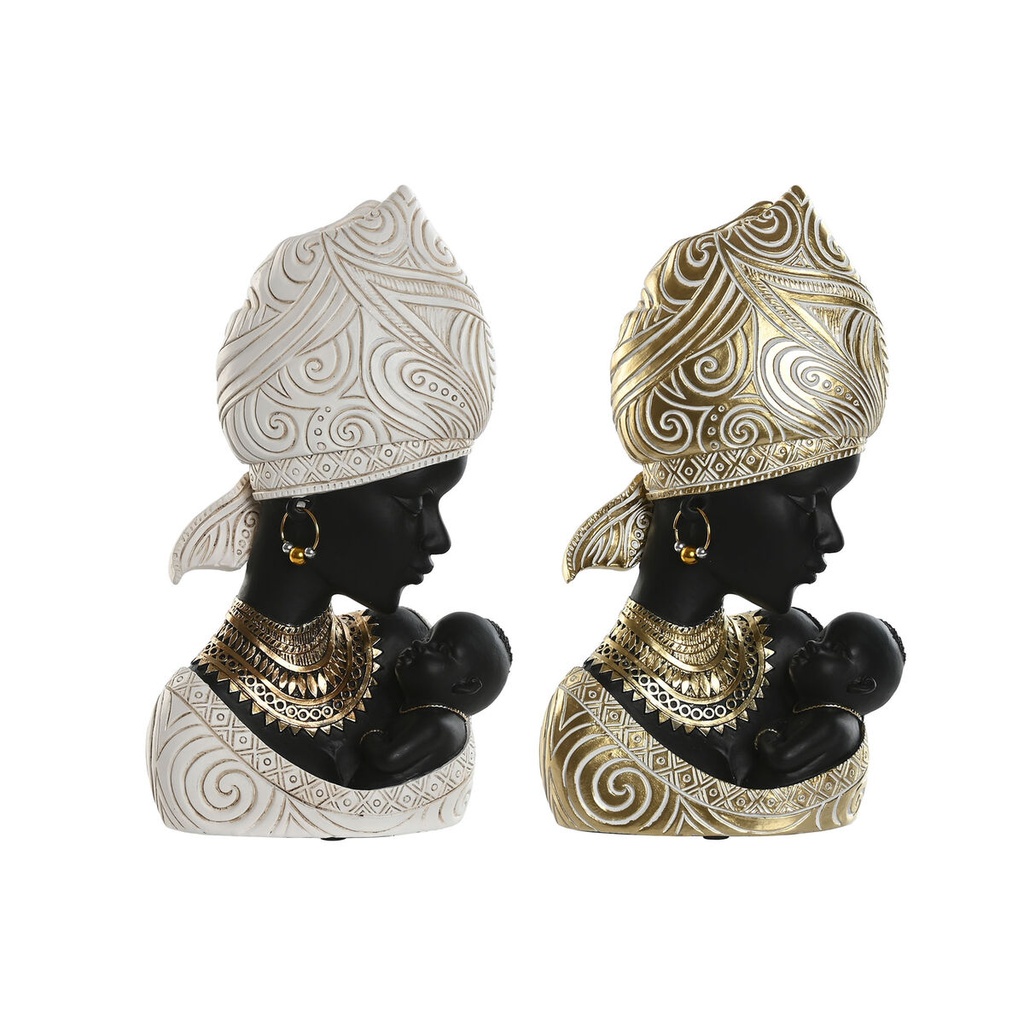 Figura Decorativa Home ESPRIT Blanco Negro Dorado Africana 15 x 9 x 25 cm (2 Unidades)