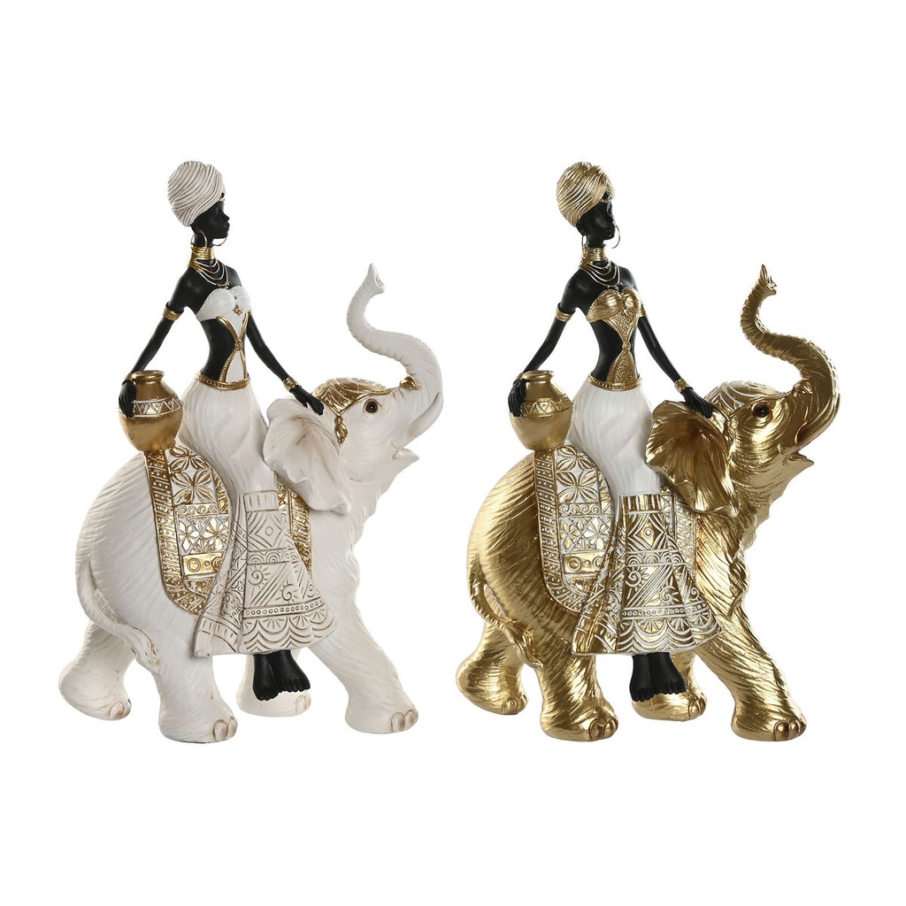 Figura Decorativa Home ESPRIT Blanco Negro Dorado Elefante Africana 21 x 11 x 32 cm (2 Unidades)