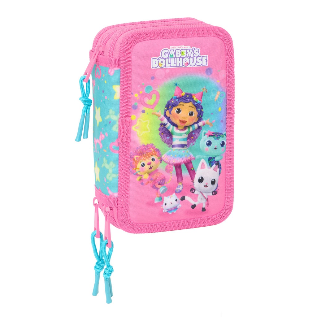 Triple Pencil Case Gabby's Dollhouse Confetti Pink Turquoise 12,5 x 19,5 x 5,5 cm 37 Pieces