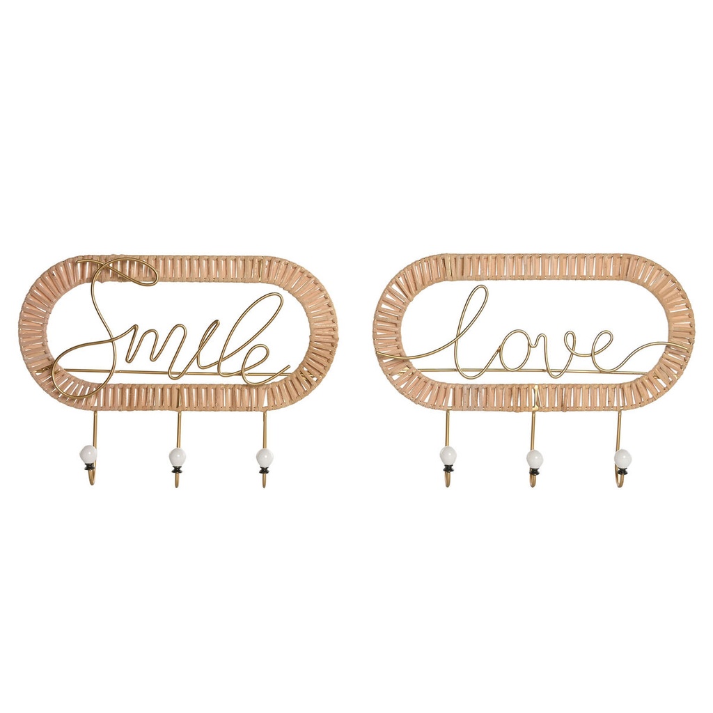 Wall mounted coat hanger Home ESPRIT Golden Natural Metal Rattan 40 x 6,4 x 28,6 cm (2 Units)