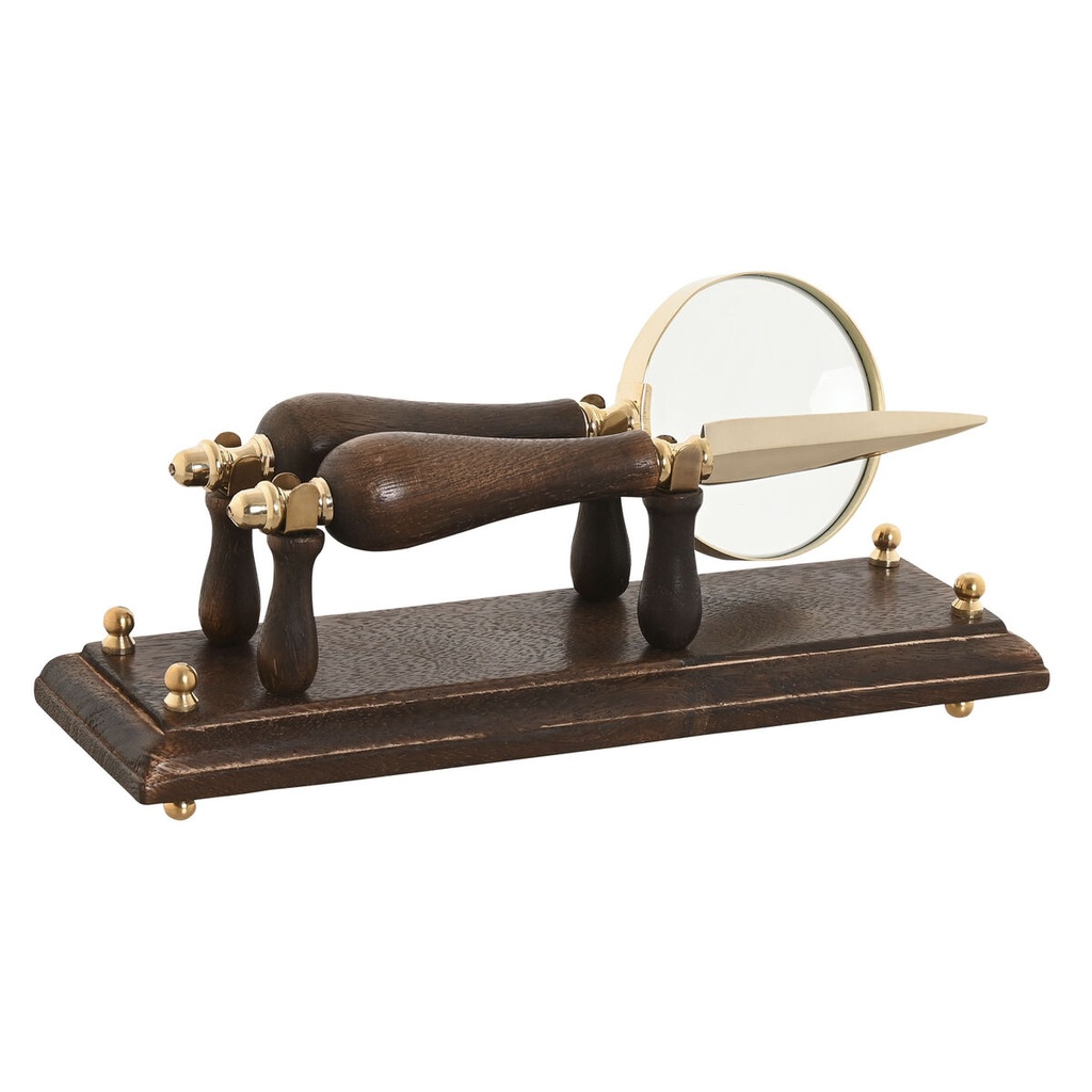 Magnifying glass Home ESPRIT Brass Mango wood 25 x 7 x 11 cm