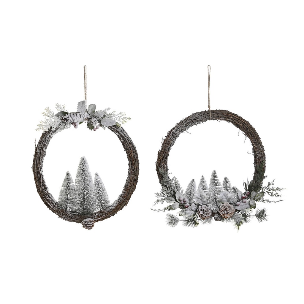 Corona de Navidad DKD Home Decor Natural Mimbre Piña Nevado 46 x 7 x 46 cm (2 Unidades)