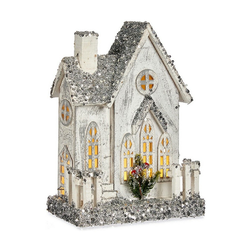 Figura Decorativa Navidad Purpurina Luz LED Casa 24,5 x 32 x 12 cm Gris Madera Blanco