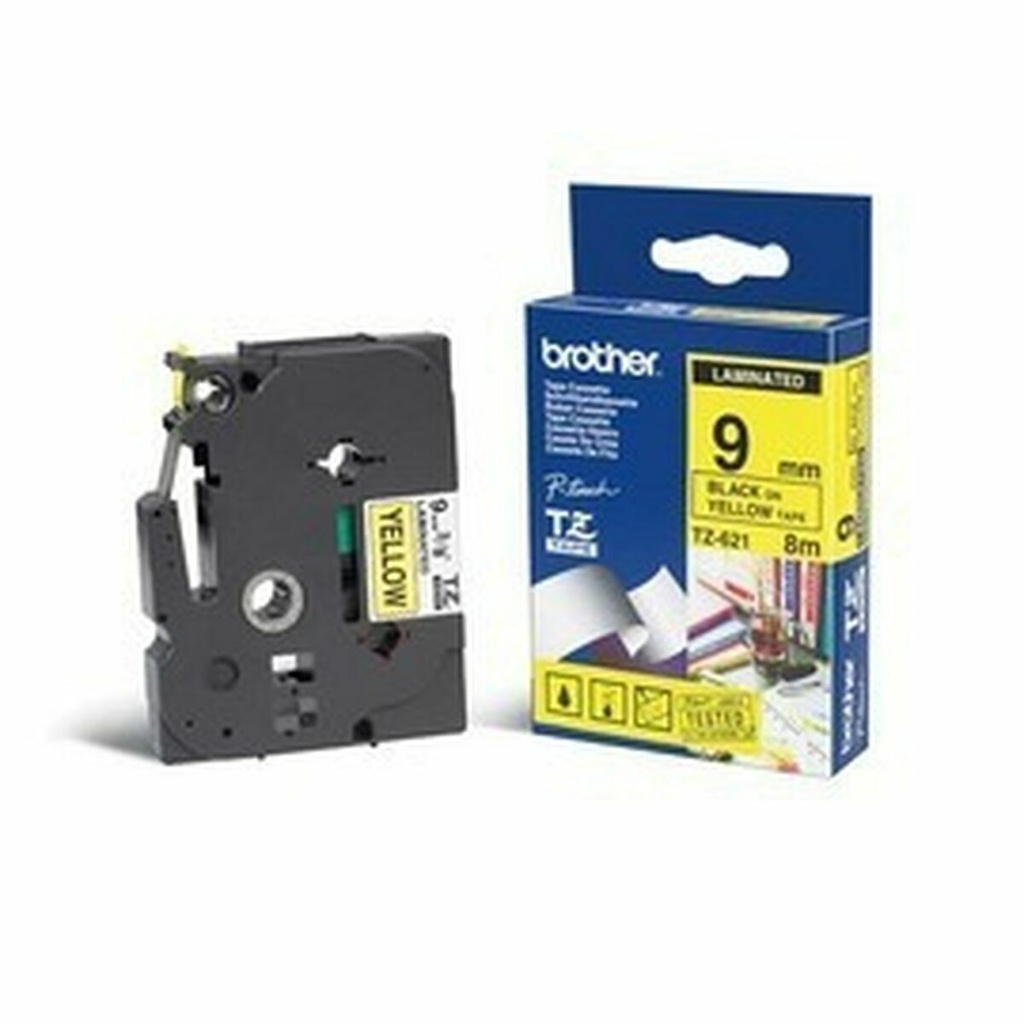 Cinta Laminada para Rotuladoras Brother TZE621 Amarillo Negro/Amarillo 9 mm