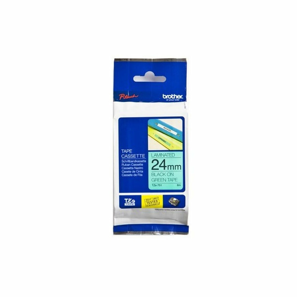 Cinta Laminada para Rotuladoras Brother TZE-751 24 mm x 8 m Negro/Verde