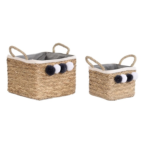 Basket set DKD Home Decor Natural Fibre Pompoms 33 x 33 x 25 cm