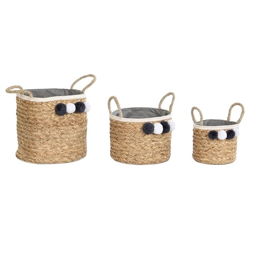 Basket set DKD Home Decor Natural Fibre Pompoms 40 x 40 x 35 cm 41 x 37 x 36 cm
