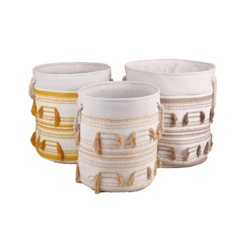 Juego de Cestas DKD Home Decor Beige Mostaza Flecos Boho 43 x 43 x 45 cm 3 Piezas