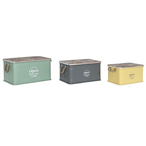 Chest Home ESPRIT Yellow Green Grey Dark brown Mint Metal Paolownia wood Vintage 60 x 38 x 32,5 cm 60 X 38 X 33 cm (3 Units)