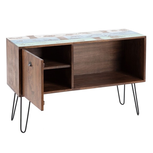 Sideboard Blue Brown Wood Metal Iron Mindi wood 120 x 40 x 80 cm