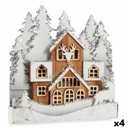 Figura Decorativa Luz Pueblo Blanco Marrón Madera 44 x 43 x 6 cm (4 Unidades)