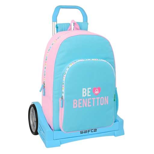 School Rucksack with Wheels Benetton Unique Pink Turquoise 30 x 46 x 14 cm