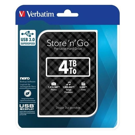 Disco Duro Externo Verbatim Disco Duro Portátil Store 'n' Go USB 3.0 de 4 TB en color Negro USB 3.0