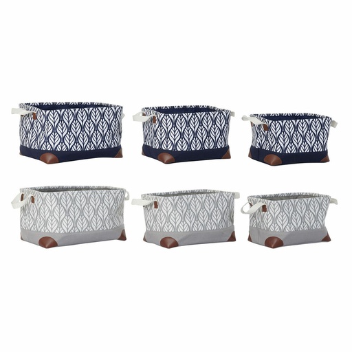 Multi-purpose basket DKD Home Decor White Brown Grey Navy Blue Leaf of a plant Boho 40 x 30 x 24 cm Plastic 3 Pieces (2 Units)