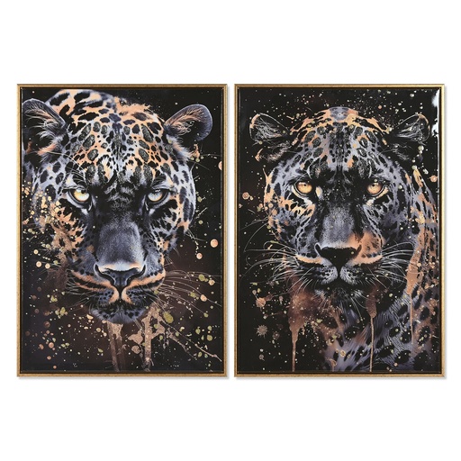 Cuadro Home ESPRIT Negro Dorado Leopardo Colonial Lacado 50 x 3,5 x 70 cm (2 Unidades)