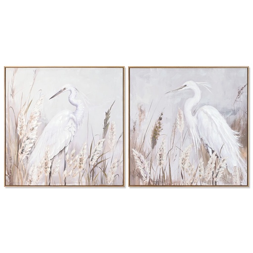 Cuadro Home ESPRIT Blanco Beige Gris Pájaro Oriental 80 x 3,5 x 80 cm (2 Unidades)