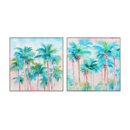 Cuadro Home ESPRIT Azul Rojo Verde Azul cielo Palmeras Tropical 80 x 3,5 x 80 cm (2 Unidades)
