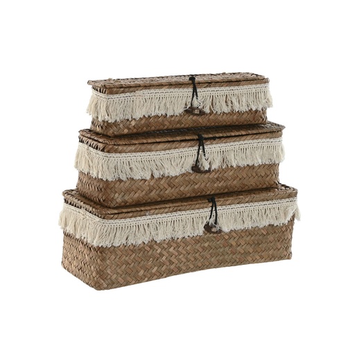 Juego de Cestas Home ESPRIT Blanco Natural Fibra natural Boho Desgastado 32 x 12 x 10 cm 3 Piezas