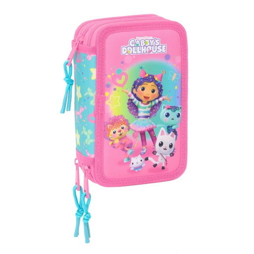 Triple Pencil Case Gabby's Dollhouse Confetti Pink Turquoise 12,5 x 19,5 x 5,5 cm 37 Pieces