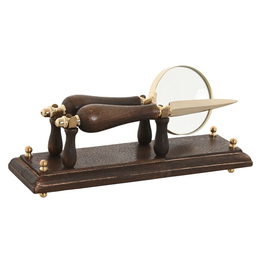 Magnifying glass Home ESPRIT Brass Mango wood 25 x 7 x 11 cm