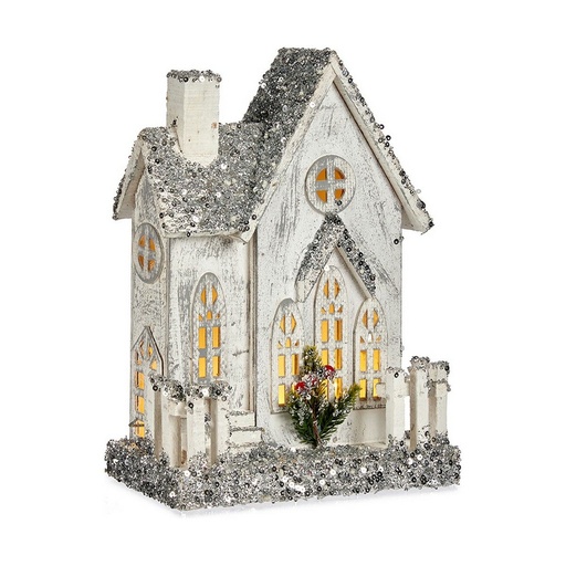 Decorative Figure Christmas Glitter LED Light House 24,5 x 32 x 12 cm Grey Wood White