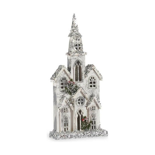 Figura Decorativa Navidad Purpurina Luz LED Casa 25,5 x 56,5 x 9,5 cm Gris Madera Blanco