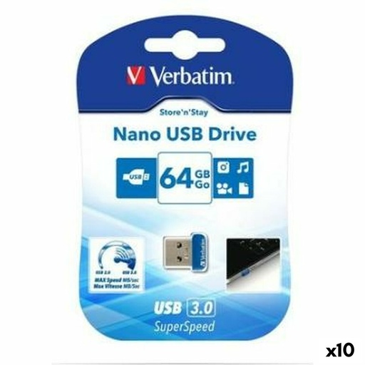 USB stick Verbatim NANO STORE'N'STAY Blue Black 64 GB (10 Units)
