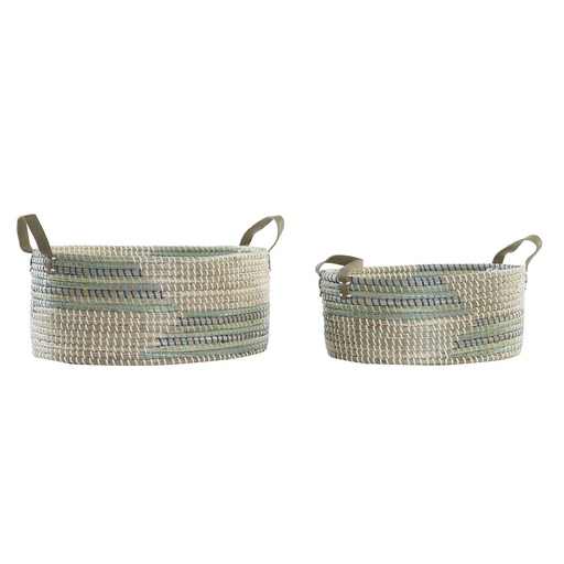 Juego de Cestas DKD Home Decor Blanco Turquesa Natural Hierba marina Tropical 45 x 35 x 18 cm 2 Piezas