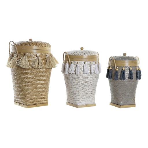 Juego de Cajas Decorativas DKD Home Decor Blanco Gris Natural Bambú Flecos Boho (3 Piezas)